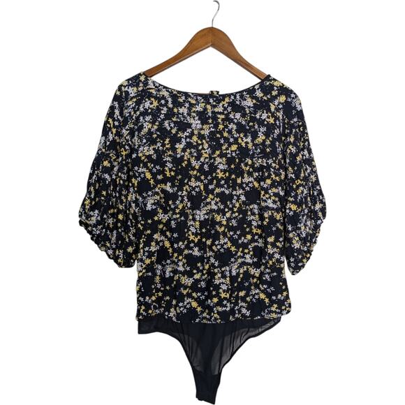 NEW Free People Dessa Bodysuit Top Medium Floral Pleated Puff Sleeve Tie Back - Picture 11 of 11